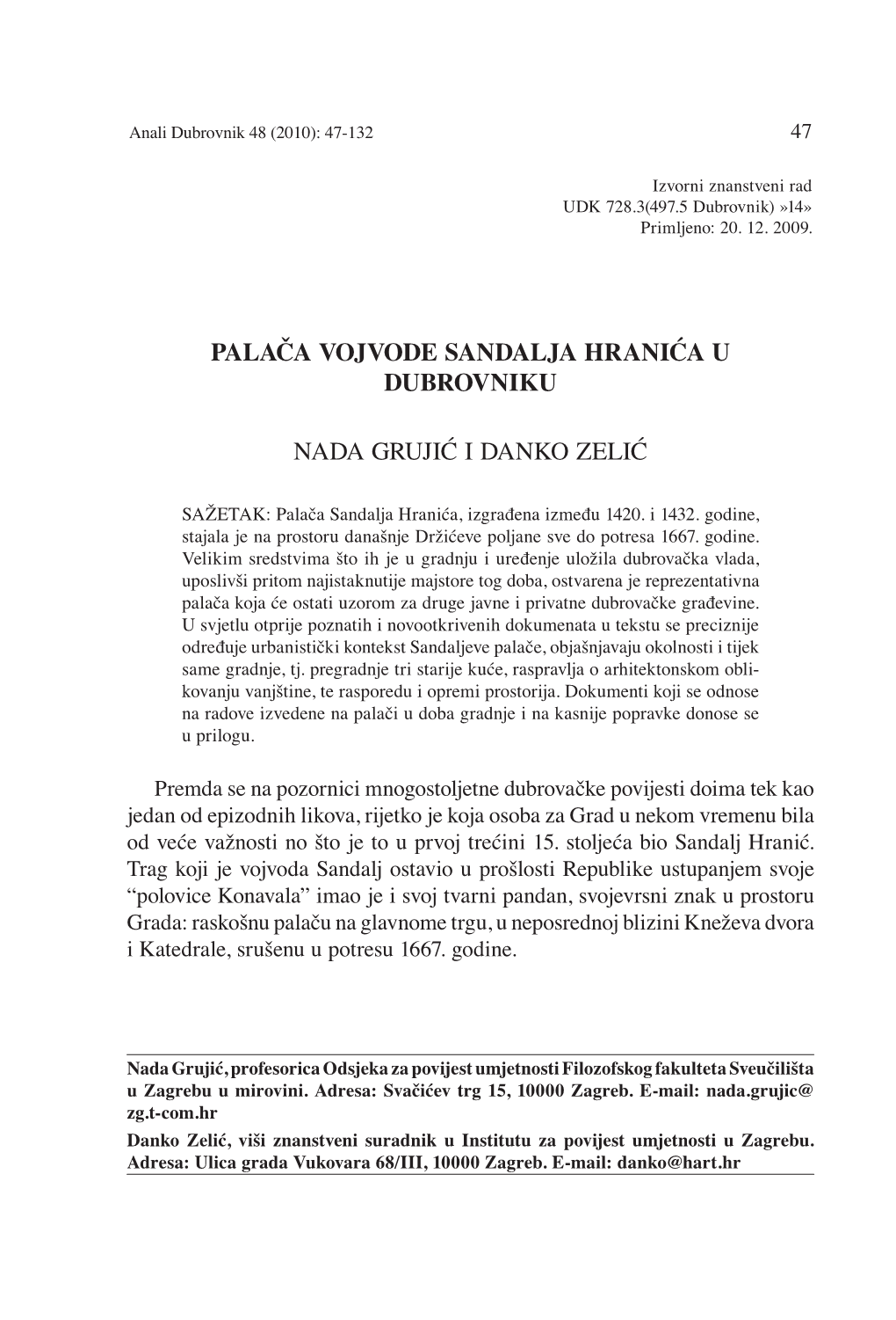 Palača Vojvode Sandalja Hranića U Dubrovniku Nada Grujić I Danko Zelić