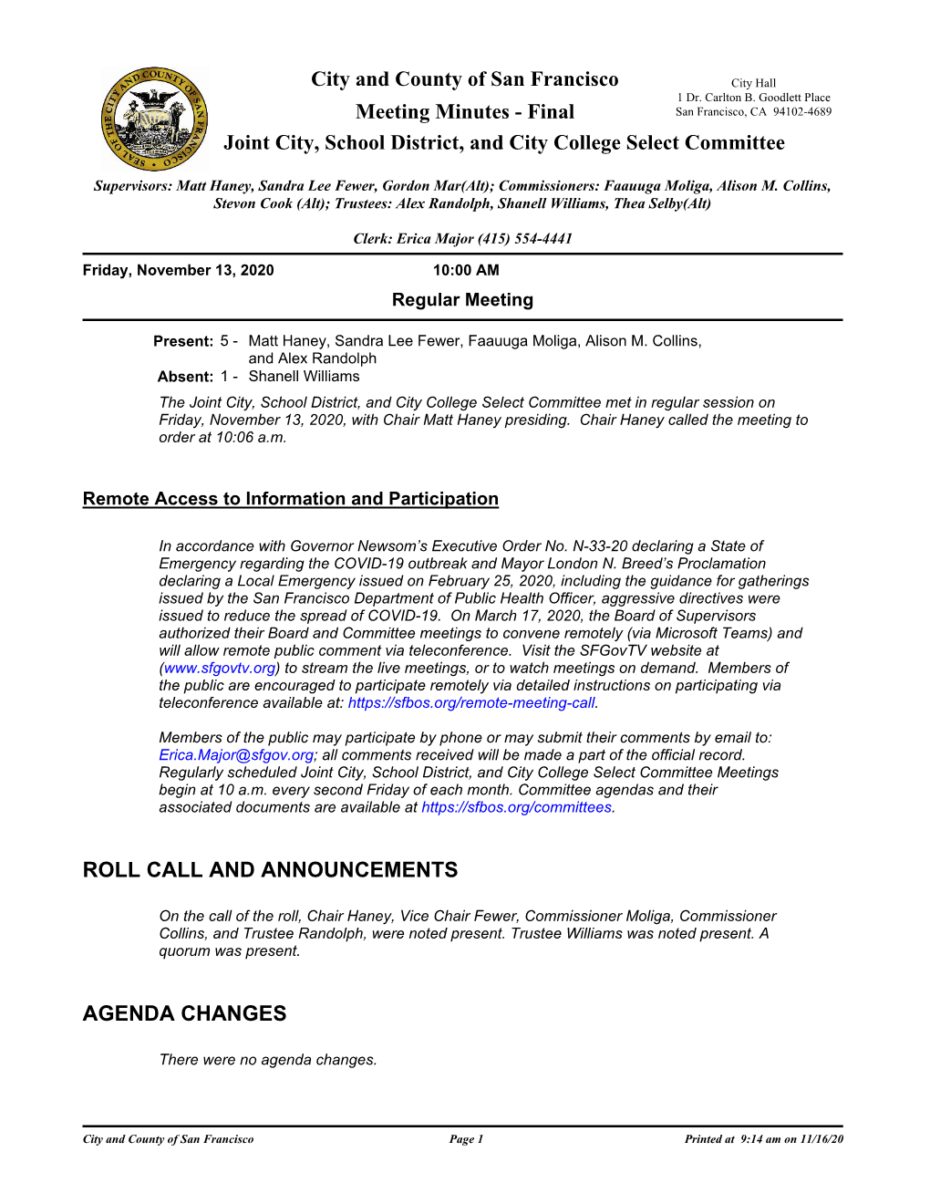 Meeting Minutes - Final San Francisco, CA 94102-4689 Joint City, School District, and City College Select Committee