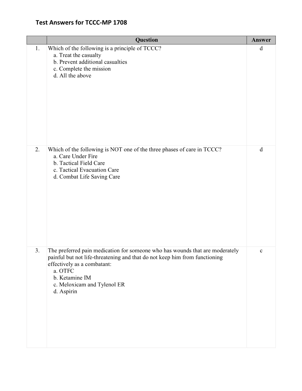 Test Answers for TCCC-MP 1708