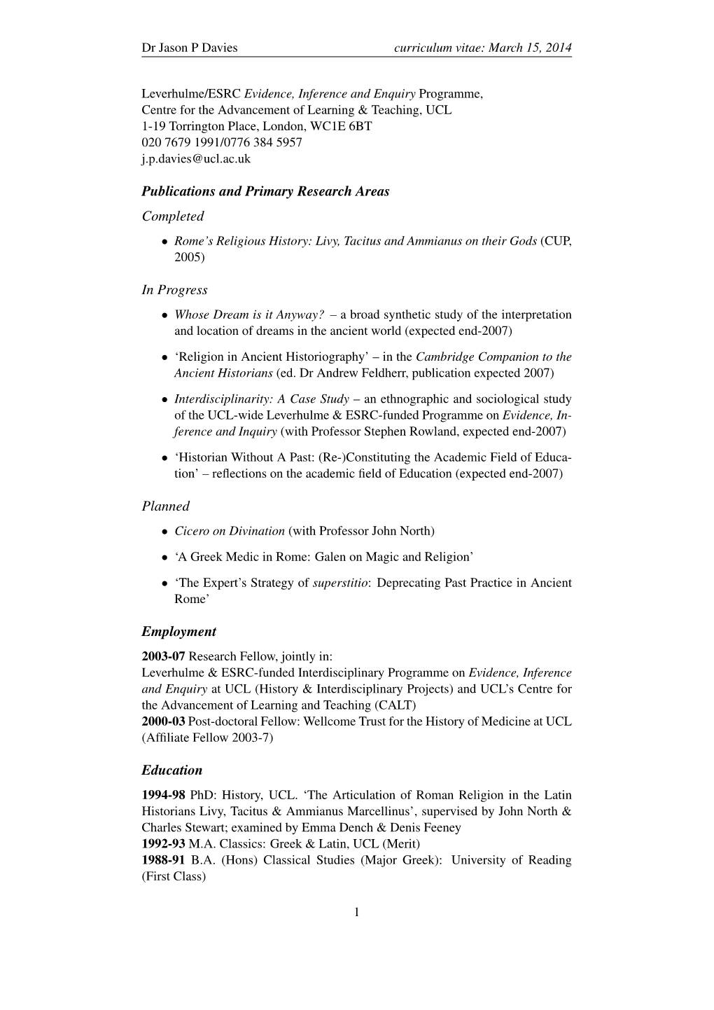 Publications and Primary Research Areas Completed in Progress