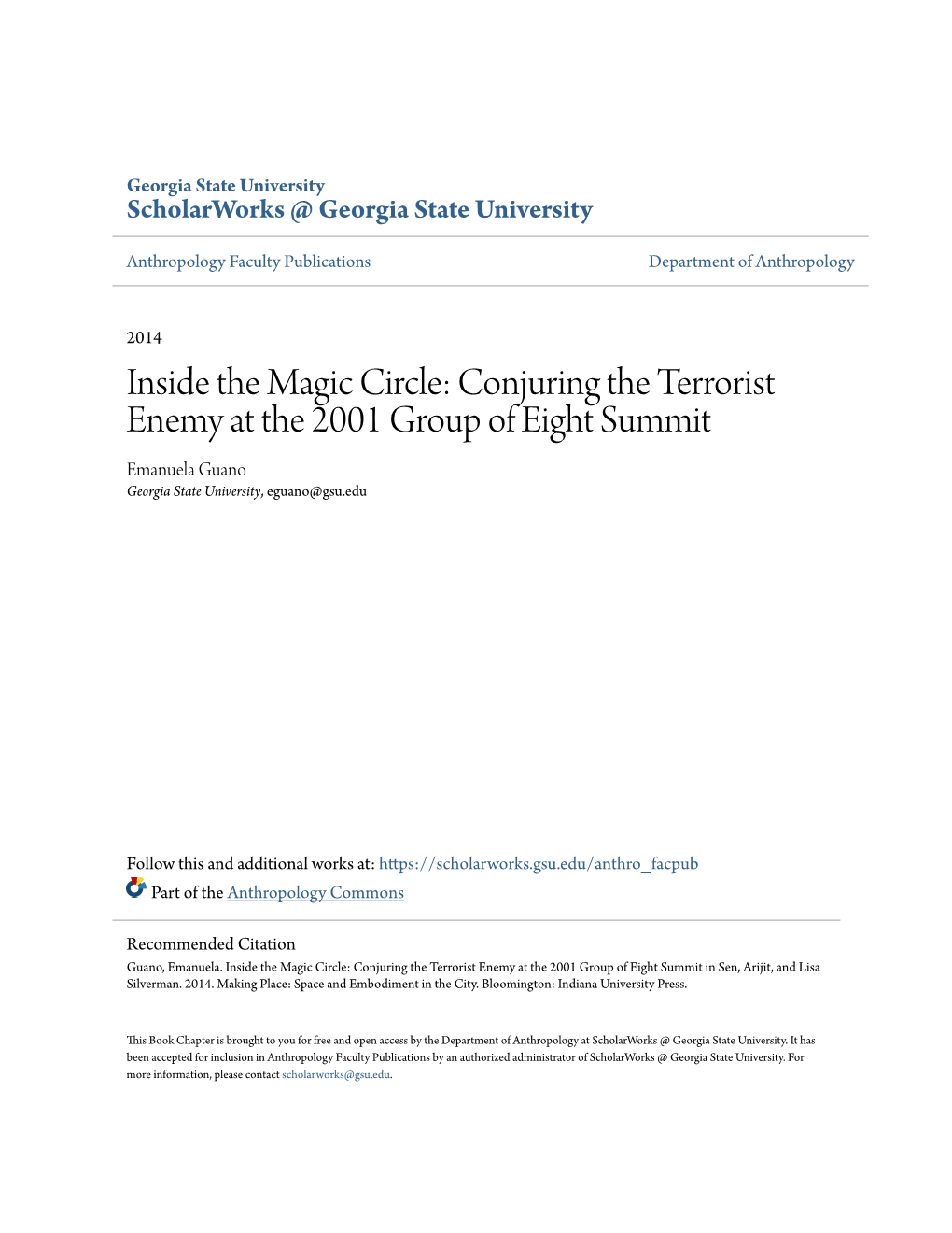 Conjuring the Terrorist Enemy at the 2001 Group of Eight Summit Emanuela Guano Georgia State University, Eguano@Gsu.Edu