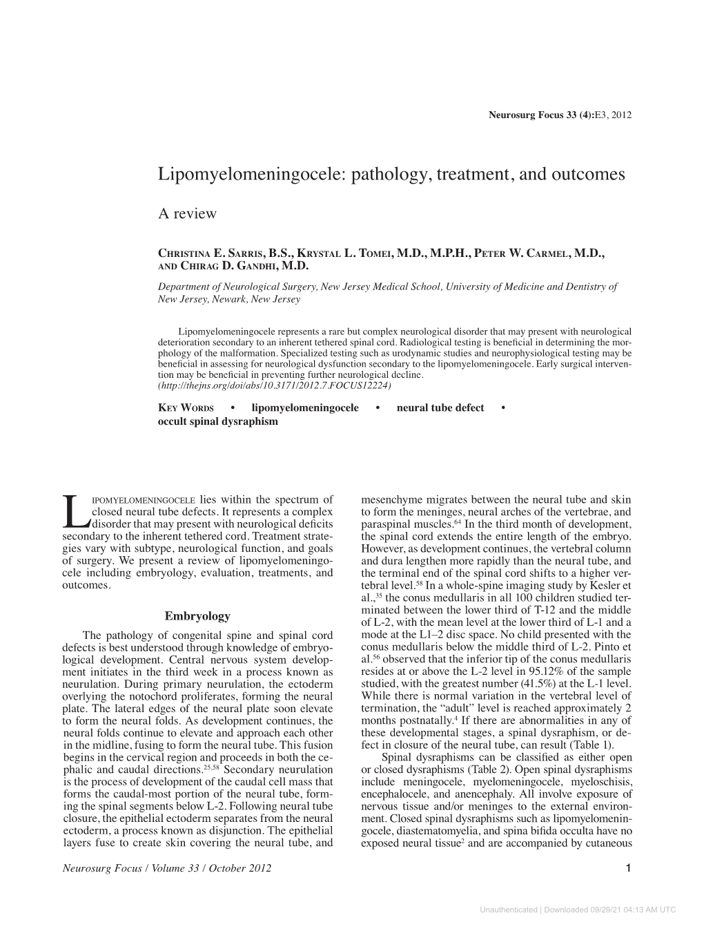 Lipomyelomeningocele: Pathology, Treatment, and Outcomes