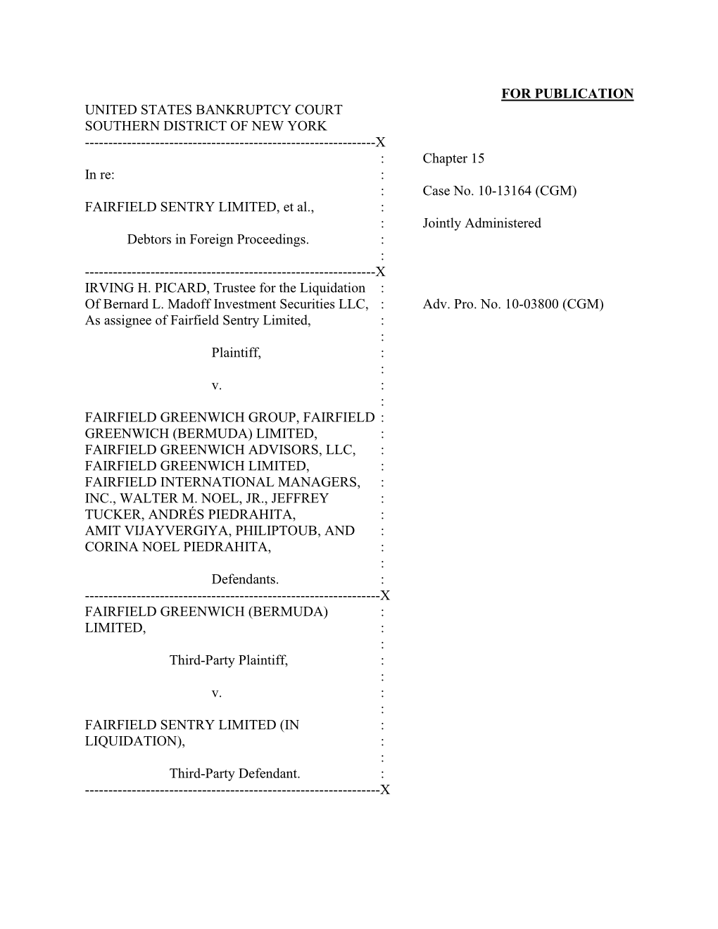 In Re: 10-03800-Cgm Irving H. Picard, Trustee for the Liquidation of B V. Fairfield