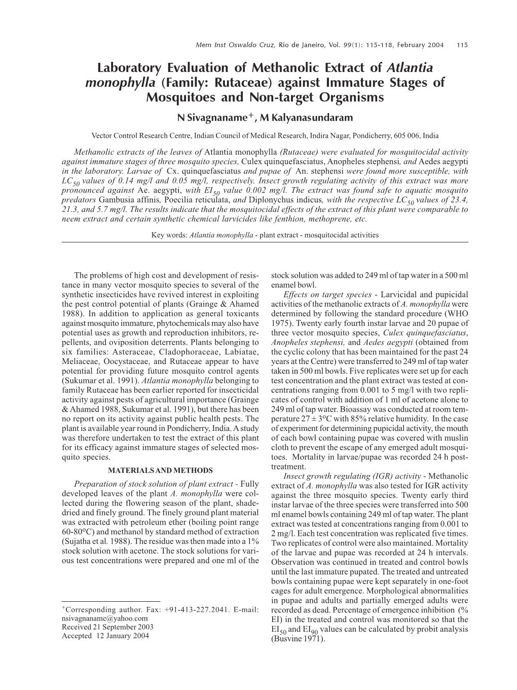 Laboratory Evaluation of Methanolic Extract of Atlantia Monophylla