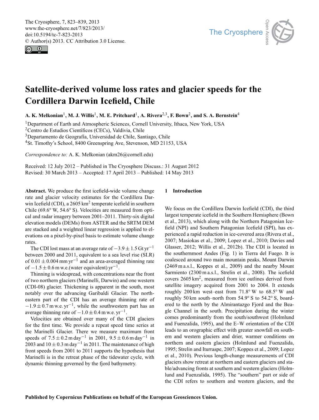 Satellite-Derived Volume Loss Rates and Glacier Speeds for the Cordillera Darwin Iceﬁeld, Chile