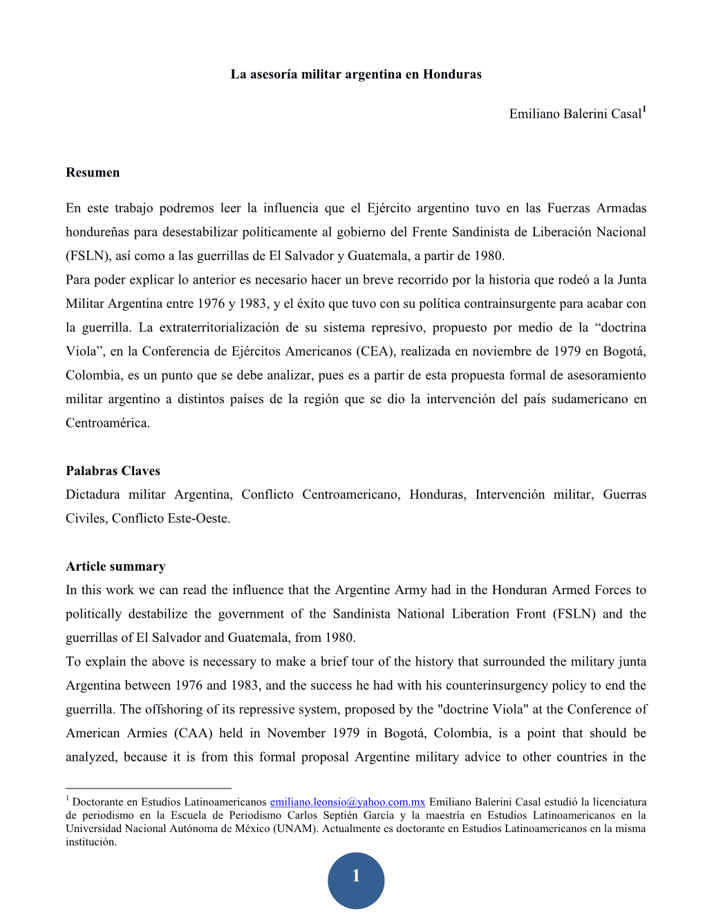 La Asesoría Militar Argentina En Honduras Emiliano Balerini Casal