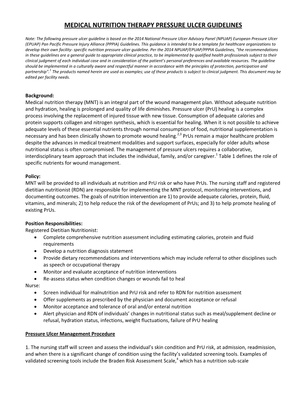 Medical Nutrition Therapy Pressure Ulcer Guidelines