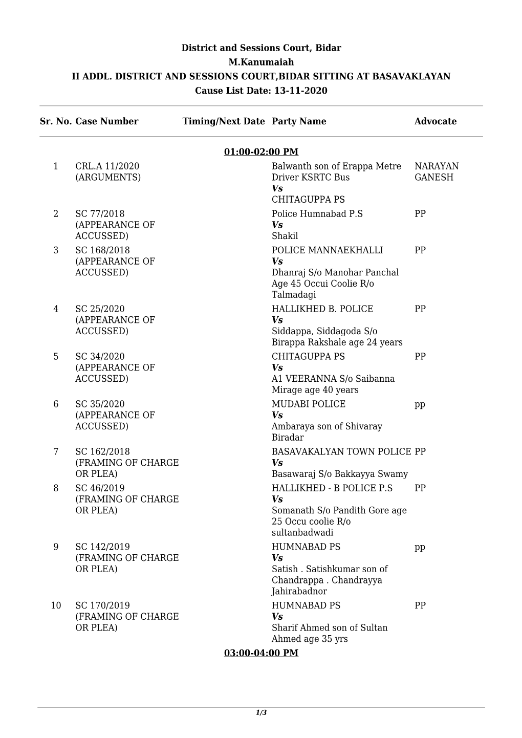 District and Sessions Court, Bidar M.Kanumaiah II ADDL. DISTRICT and SESSIONS COURT,BIDAR SITTING at BASAVAKLAYAN Cause List Date: 13-11-2020