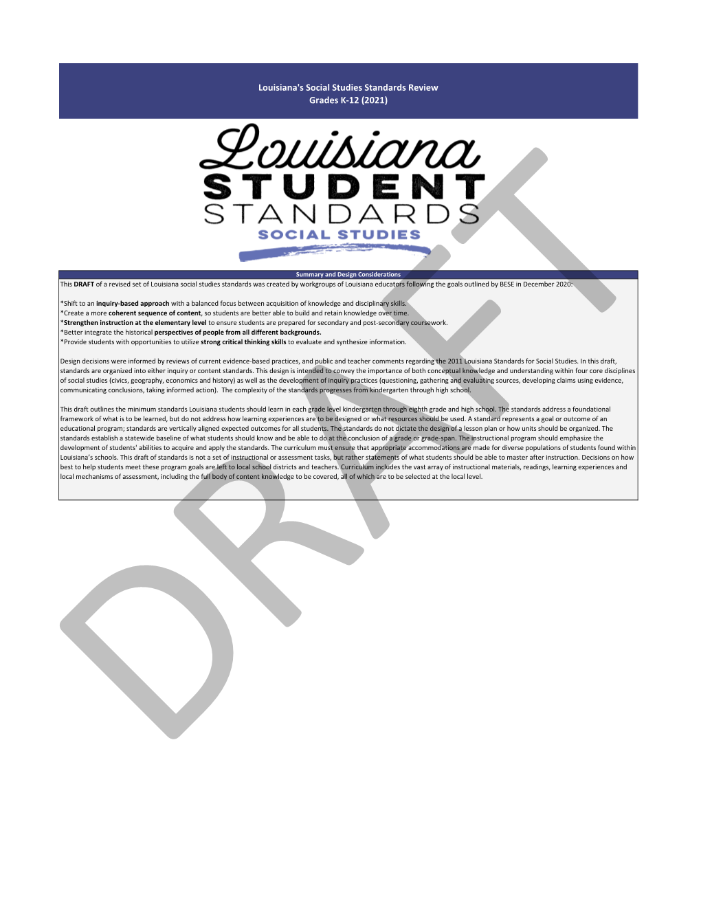 DRAFT Louisiana Social Studies Standards