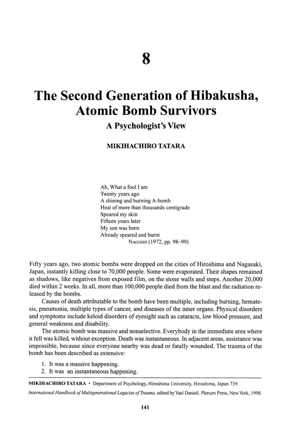 Chapter 8. the Second Generation of Hibakusha, Atomic Bomb Survivors