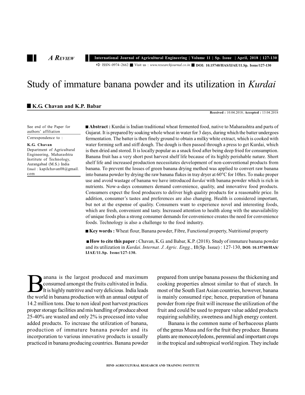 Study of Immature Banana Powder and Its Utilization in Kurdai