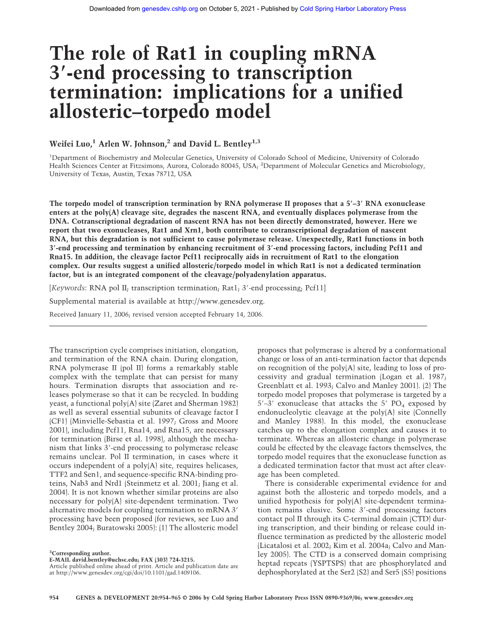 The Role of Rat1 in Coupling Mrna 3 -End Processing to Transcription Termination