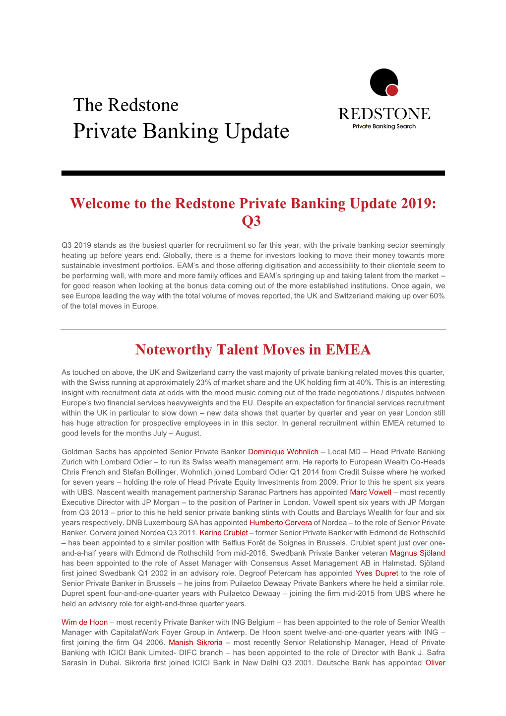 Redstone Private Banking Update Q3 2019