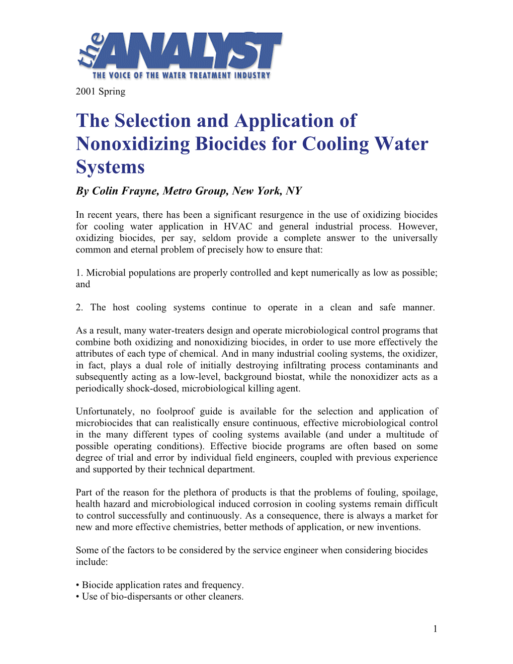 The Selection and Application of Nonoxidizing Biocides for Cooling Water Systems