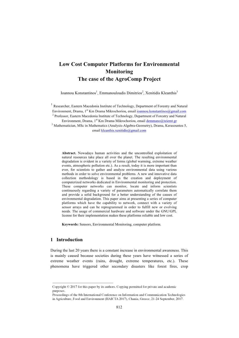 Low Cost Computer Platforms for Environmental Monitoring the Case of the Agrocomp Project