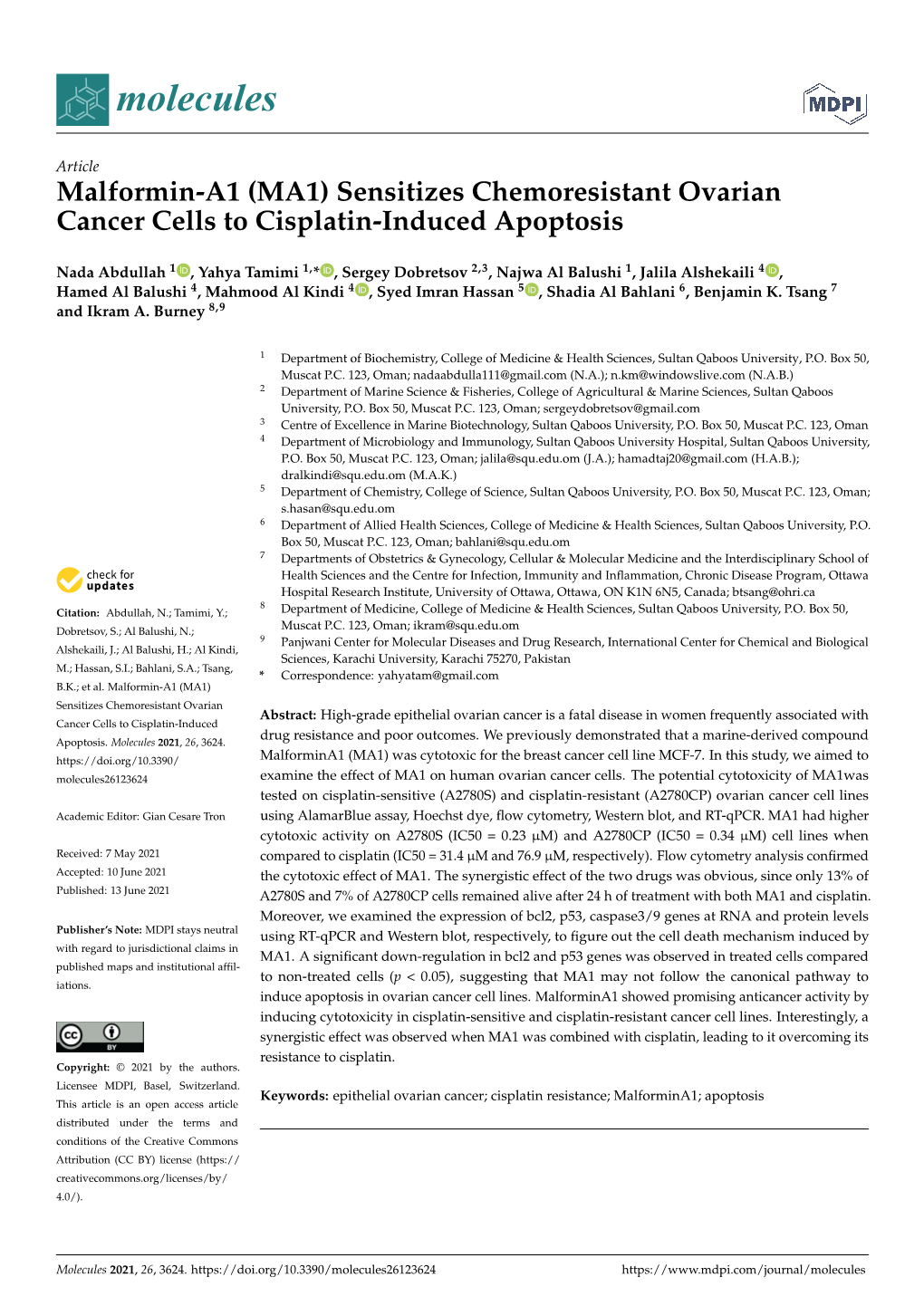 Sensitizes Chemoresistant Ovarian Cancer Cells to Cisplatin-Induced Apoptosis