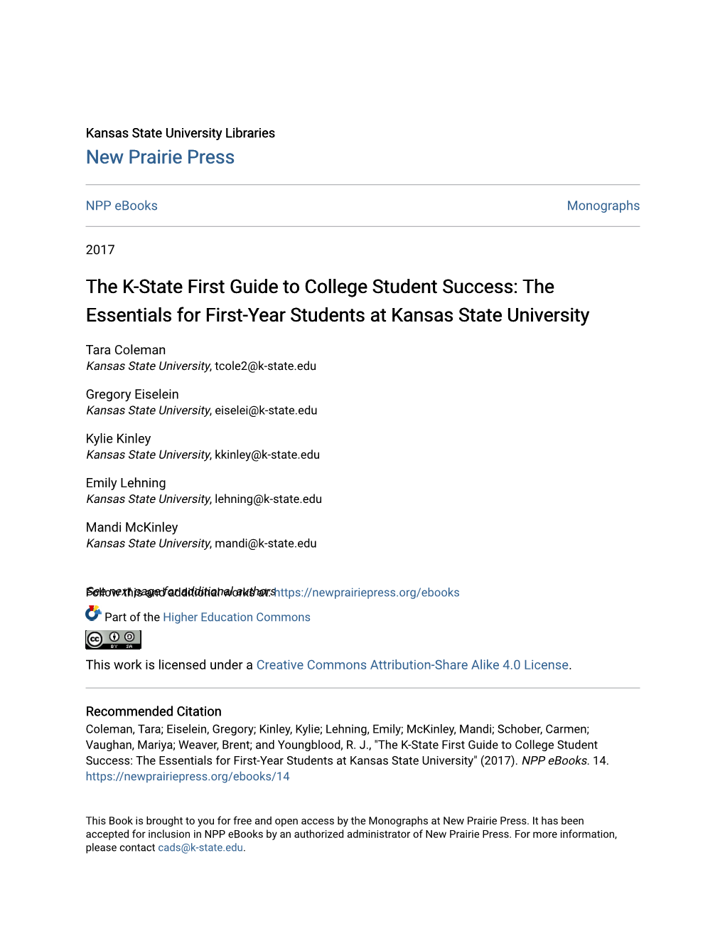 The K-State First Guide to College Student Success: the Essentials for First-Year Students at Kansas State University