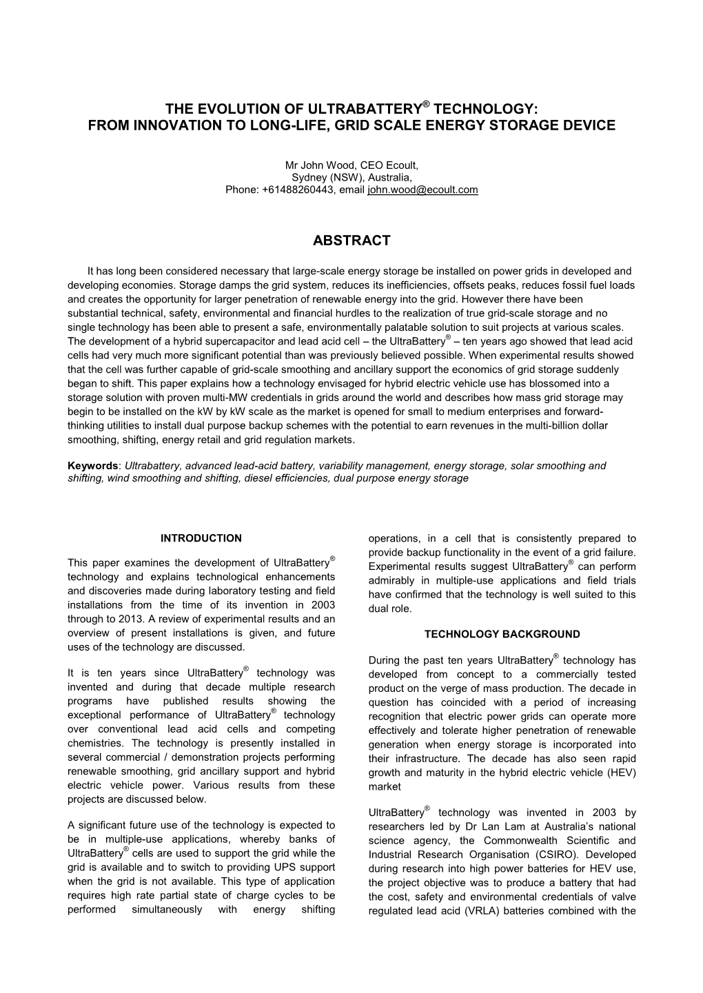 The Evolution of Ultrabattery Technology: from Innovation to Long-Life, Grid Scale Energy Storage Device Abstract