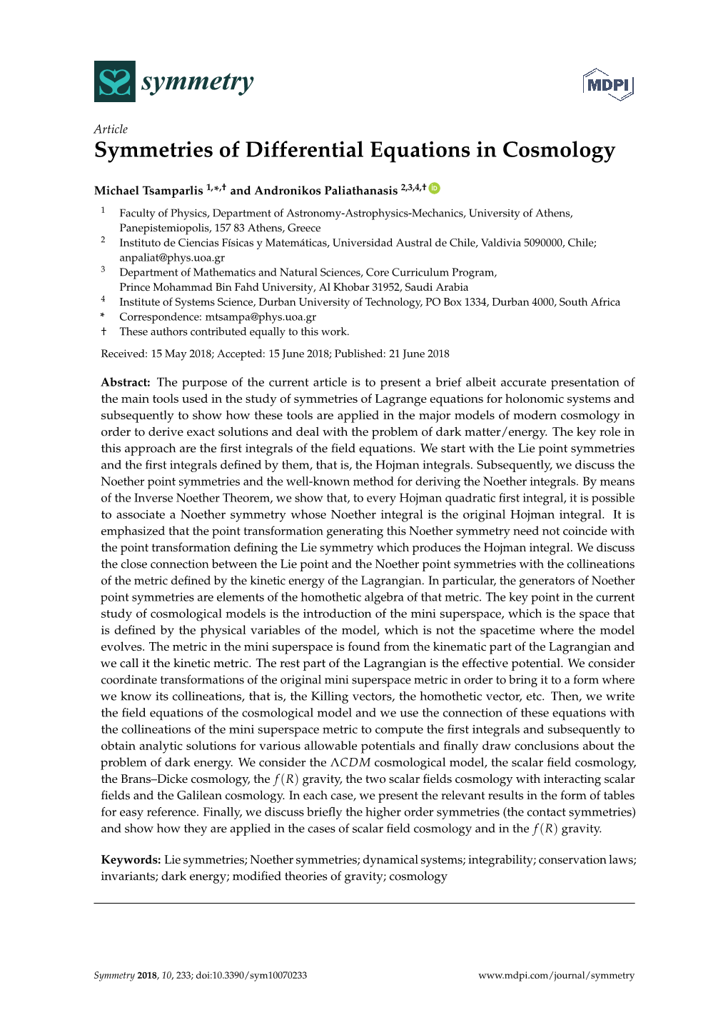 Symmetries of Differential Equations in Cosmology