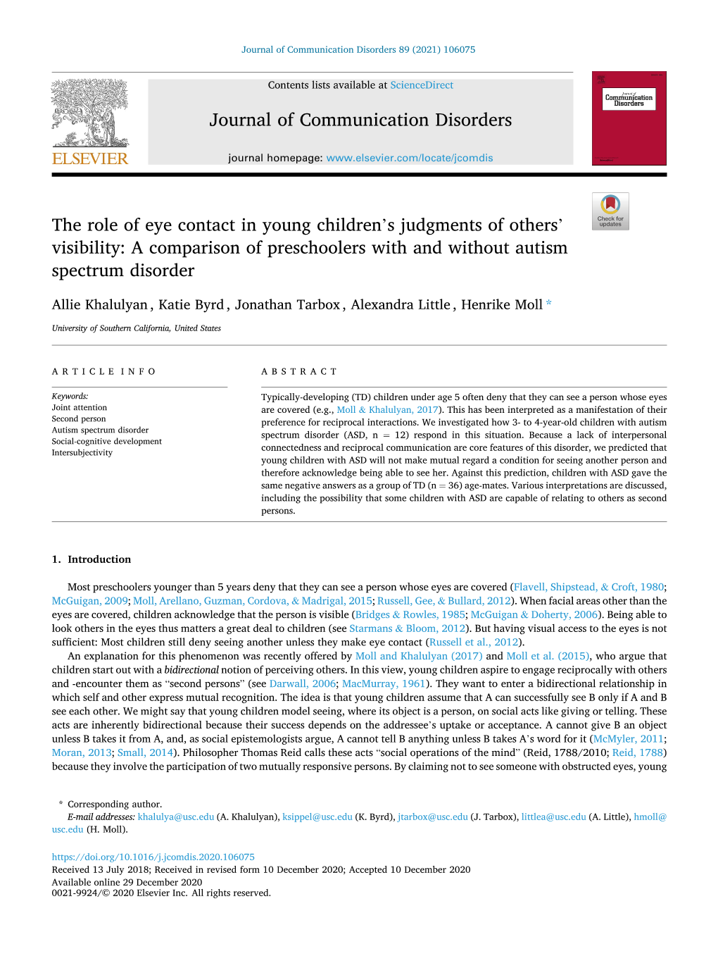 The Role of Eye Contact in Children's Judgments of Others' Visibility