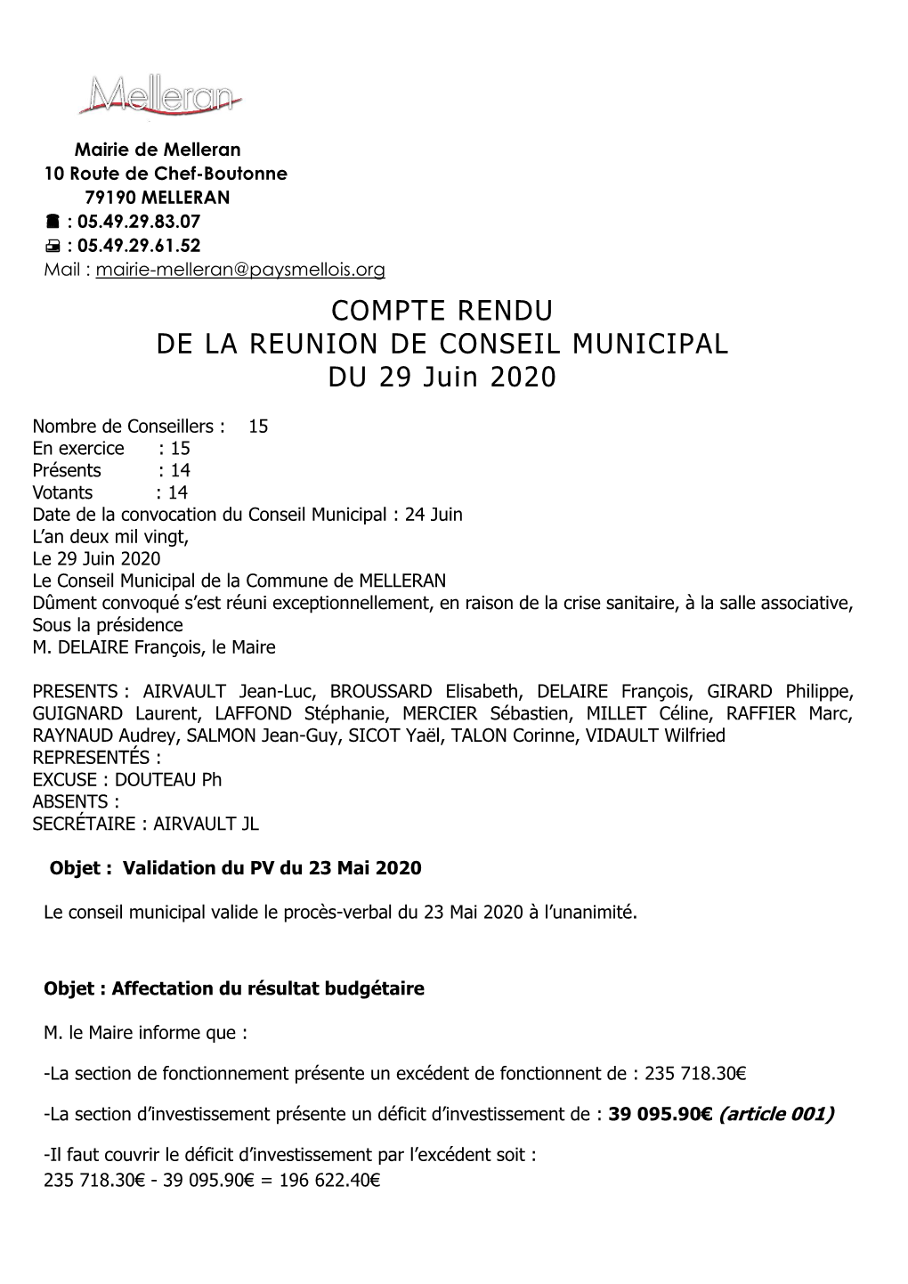 COMPTE RENDU DE LA REUNION DE CONSEIL MUNICIPAL DU 29 Juin 2020