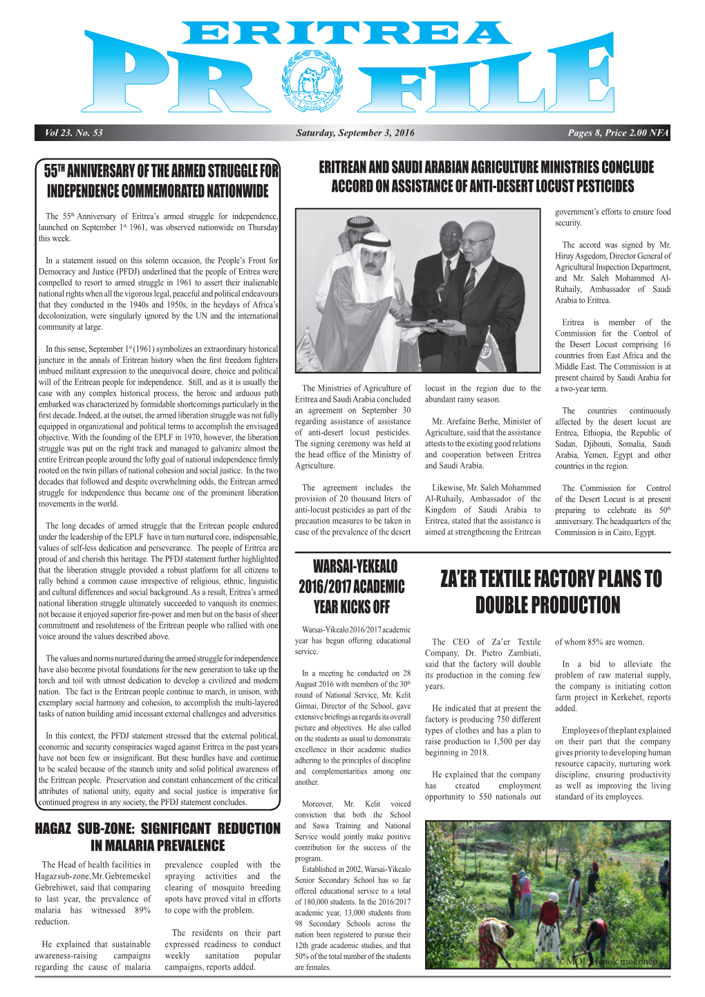 Eritrea Profile, Saturday, September 3, 2016 Vol 23