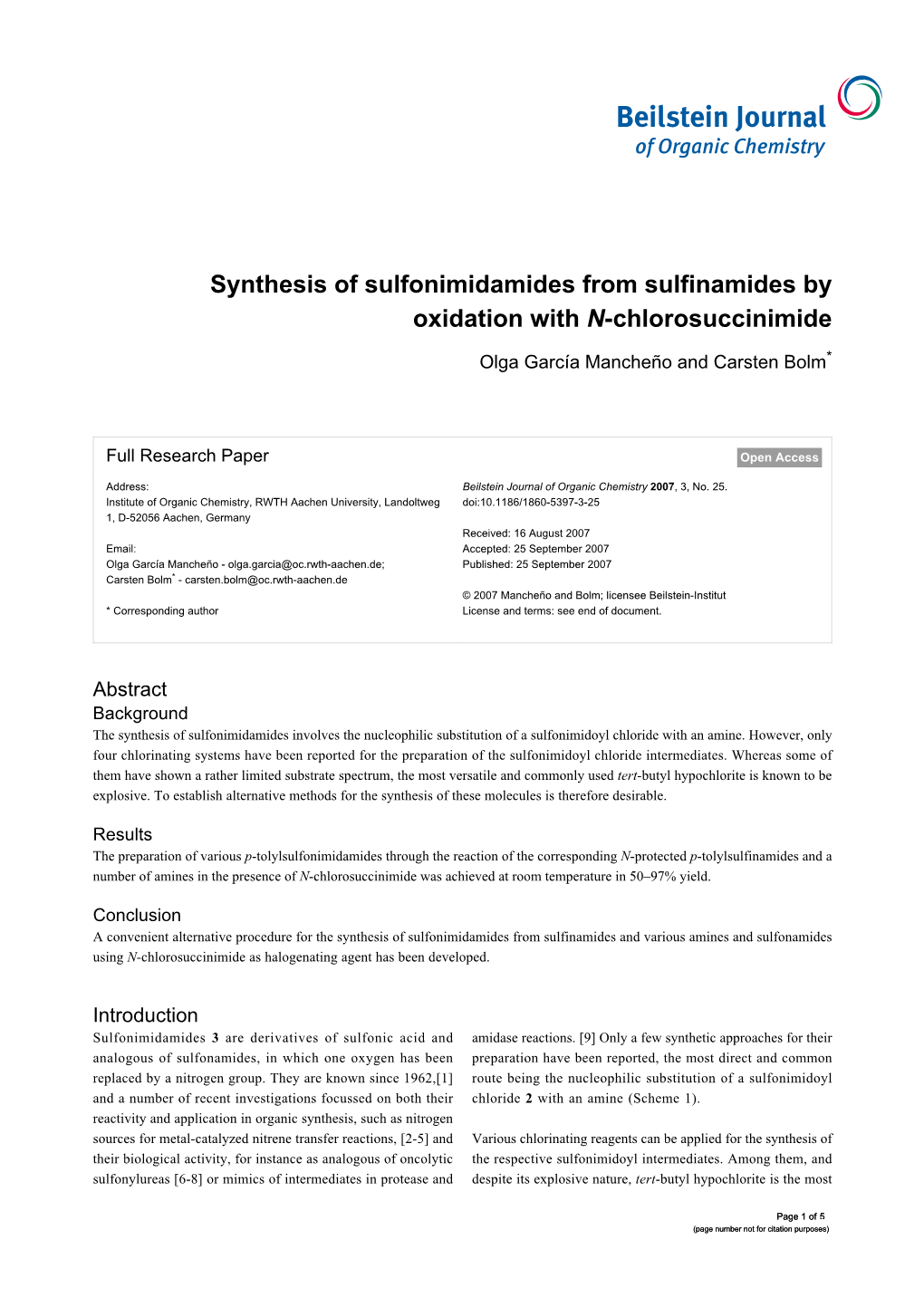 Synthesis of Sulfonimidamides from Sulfinamides by Oxidation with N-Chlorosuccinimide