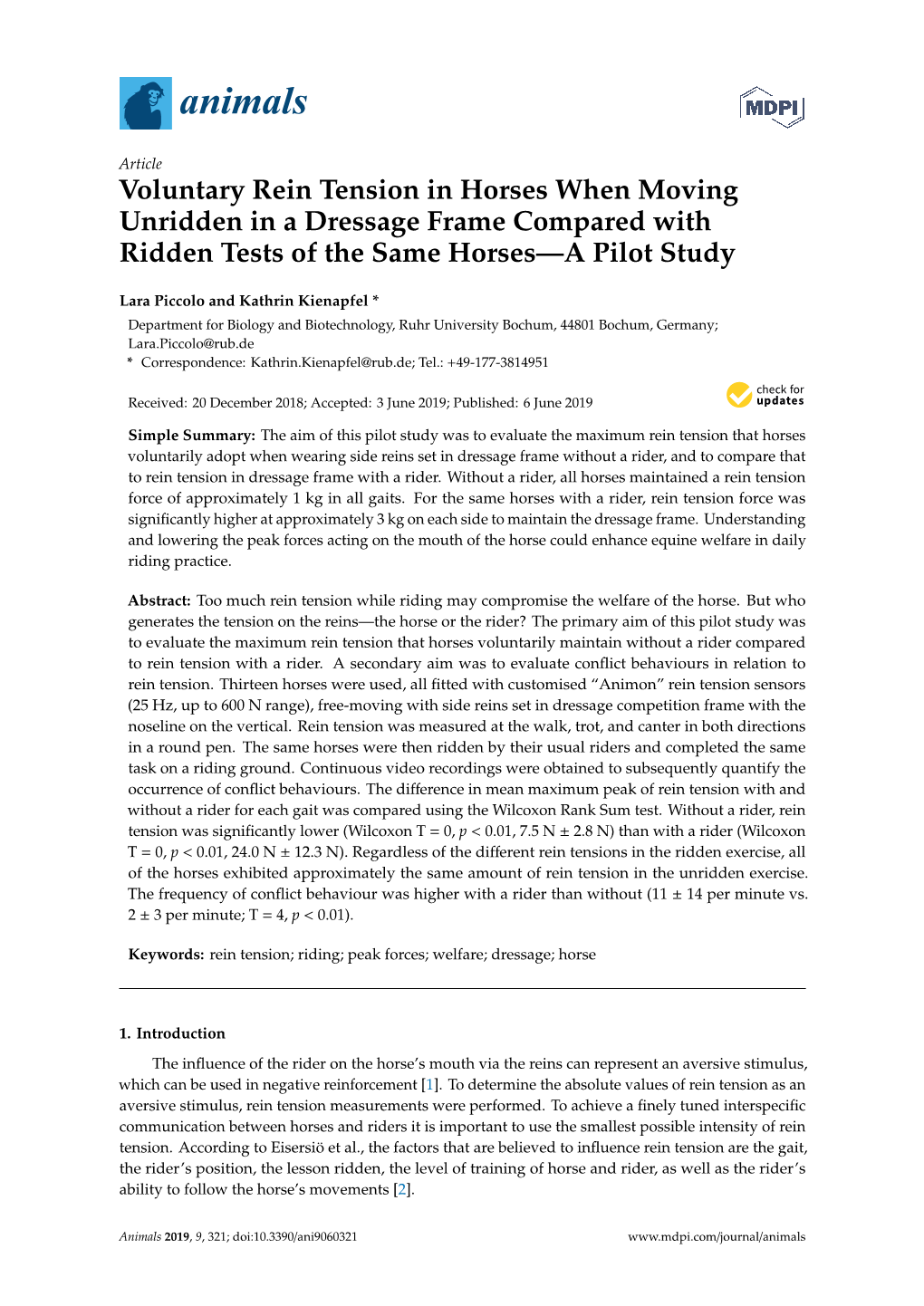 Voluntary Rein Tension in Horses When Moving Unridden in a Dressage Frame Compared with Ridden Tests of the Same Horses—A Pilot Study