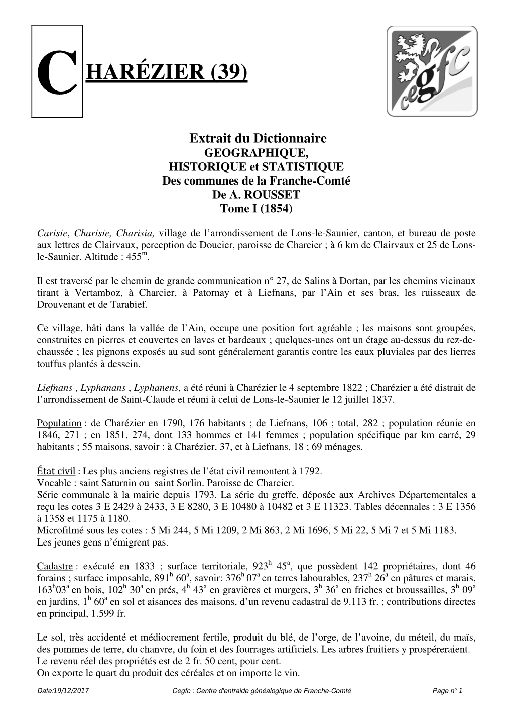 Charézier Le 4 Septembre 1822 ; Charézier a Été Distrait De L’Arrondissement De Saint-Claude Et Réuni À Celui De Lons-Le-Saunier Le 12 Juillet 1837