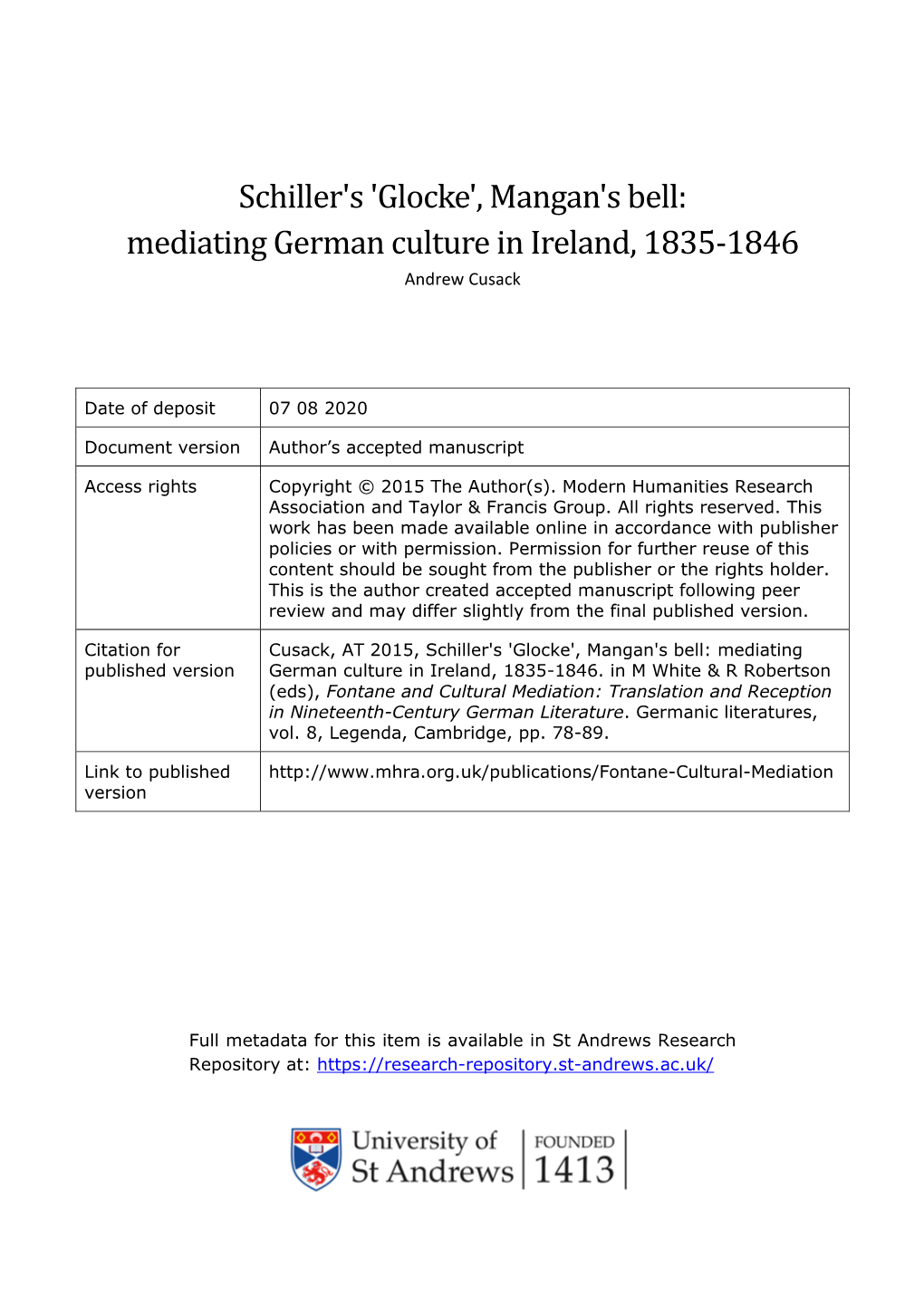 Schiller's 'Glocke', Mangan's Bell: Mediating German Culture in Ireland, 1835-1846 Andrew Cusack