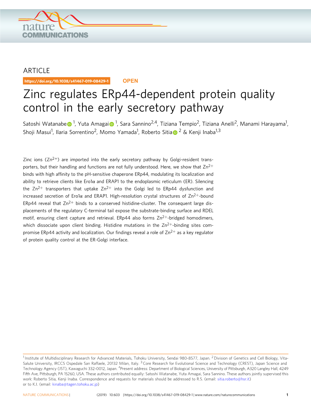 Zinc Regulates Erp44-Dependent Protein Quality Control in the Early Secretory Pathway