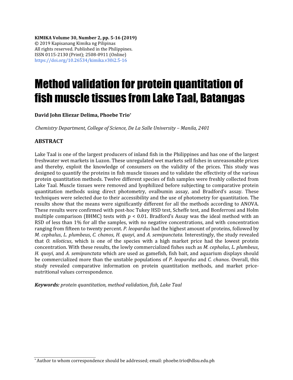 Method Validation for Protein Quantitation of Fish Muscle Tissues from Lake Taal, Batangas