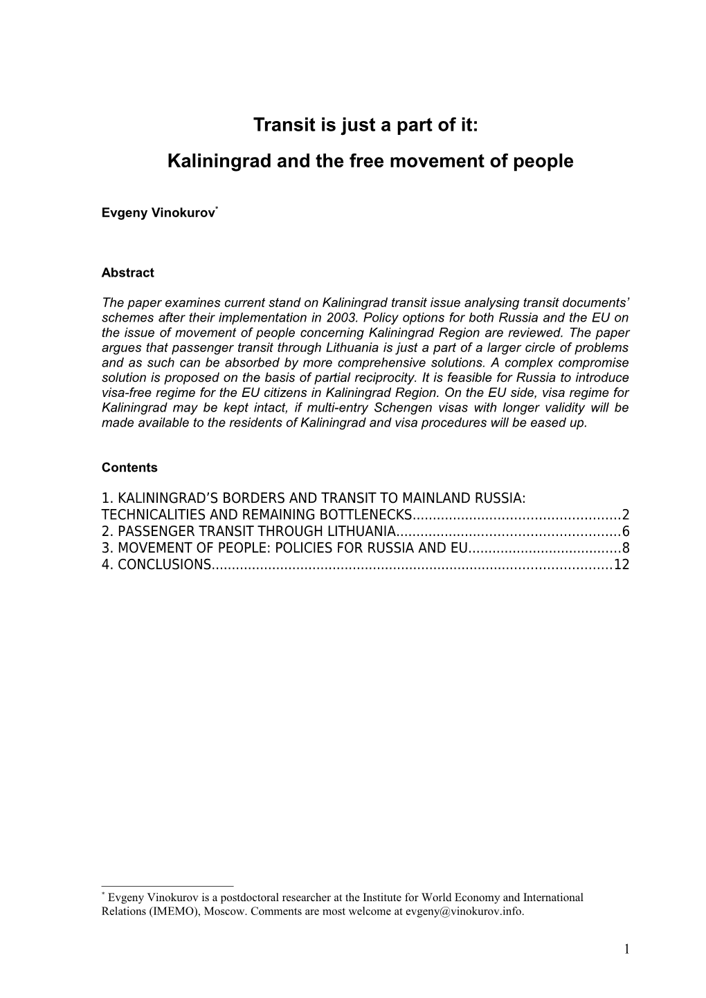 Kaliningrad and the Free Movement of People