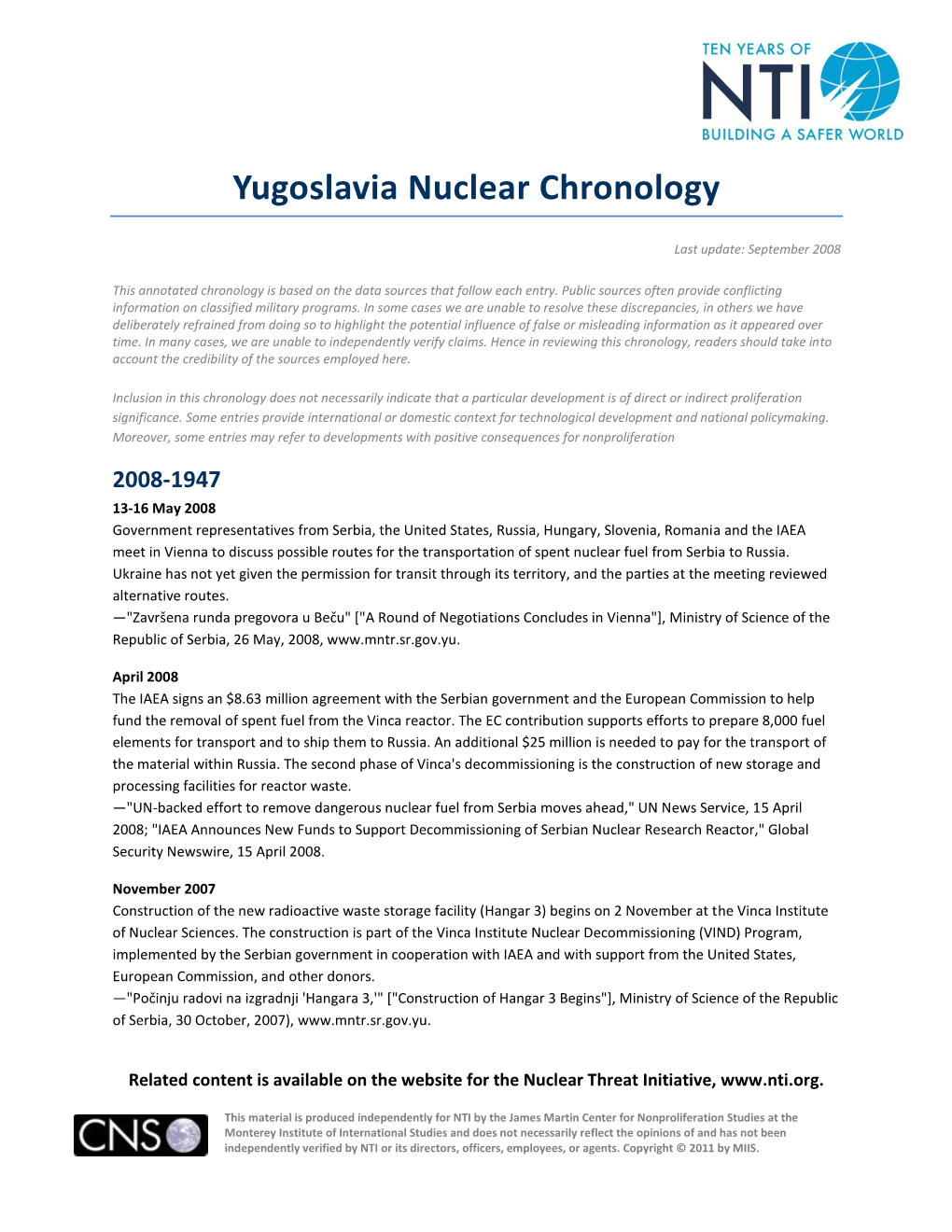 Yugoslavia Nuclear Chronology