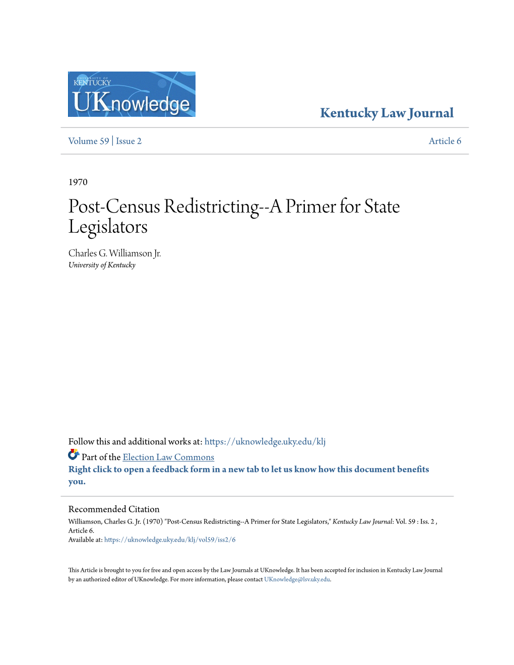 Post-Census Redistricting--A Primer for State Legislators Charles G