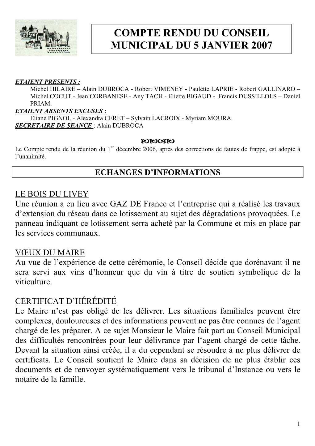 Compte Rendu Du Conseil Municipal Du 5 Janvier 2007