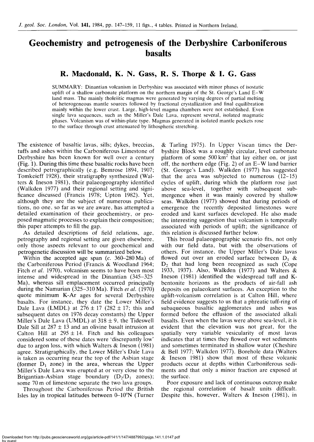 Geochemistry and Petrogenesis of the Derbyshire Carboniferous