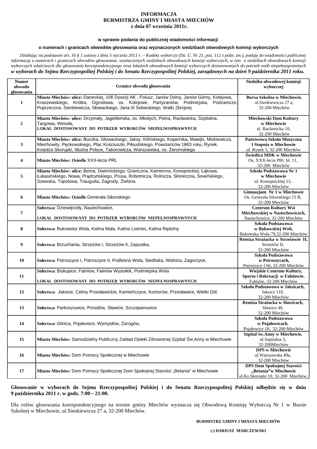 INFORMACJA BURMISTRZA GMINY I MIASTA MIECHÓW Z Dnia 07 Września 2011R