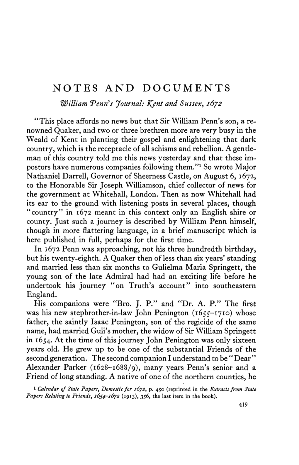 NOTES and DOCUMENTS William Venn's Journal: Kjnt and Sussex, 1672