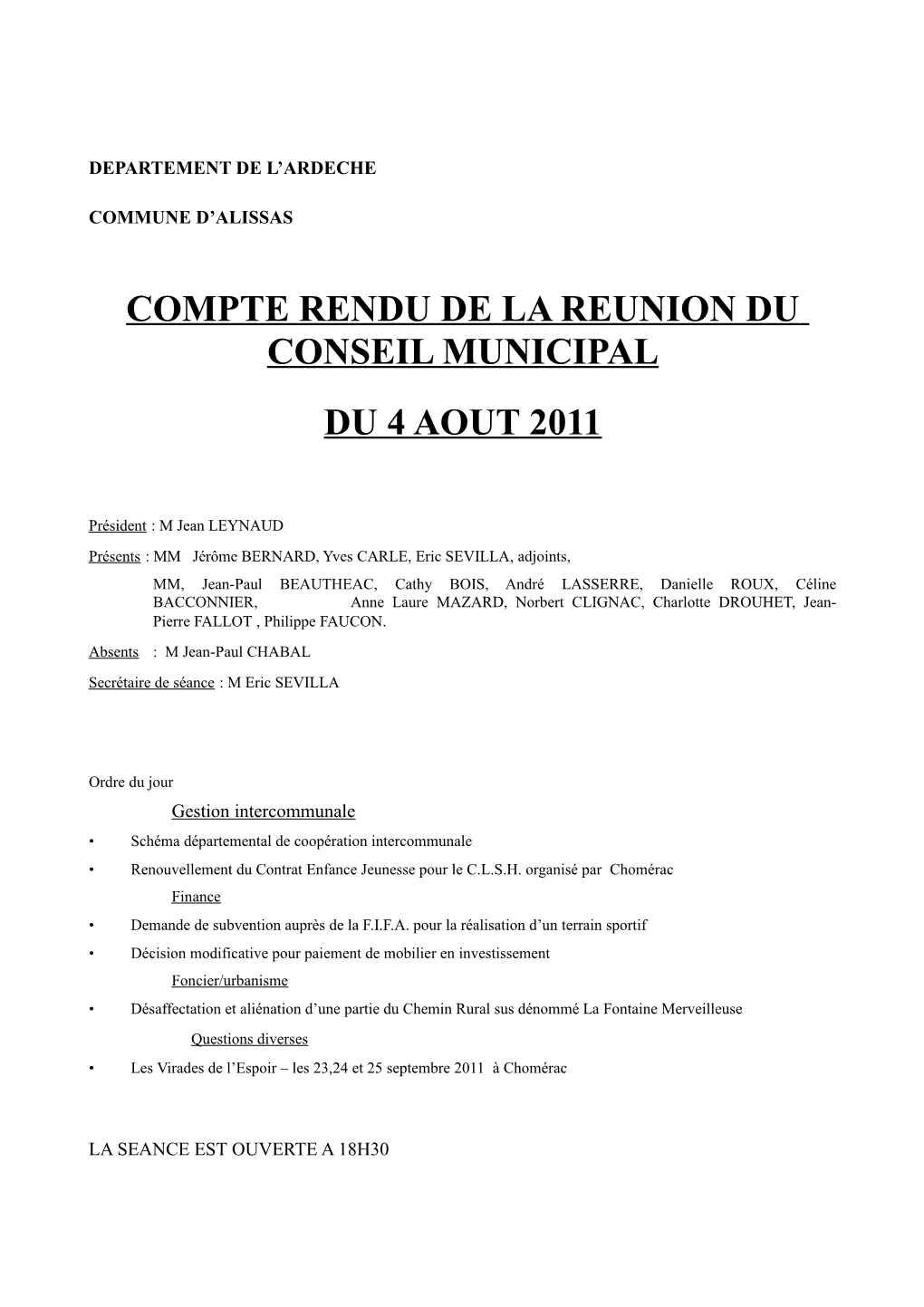 Compte Rendu De La Reunion Du Conseil Municipal Du 4 Aout 2011