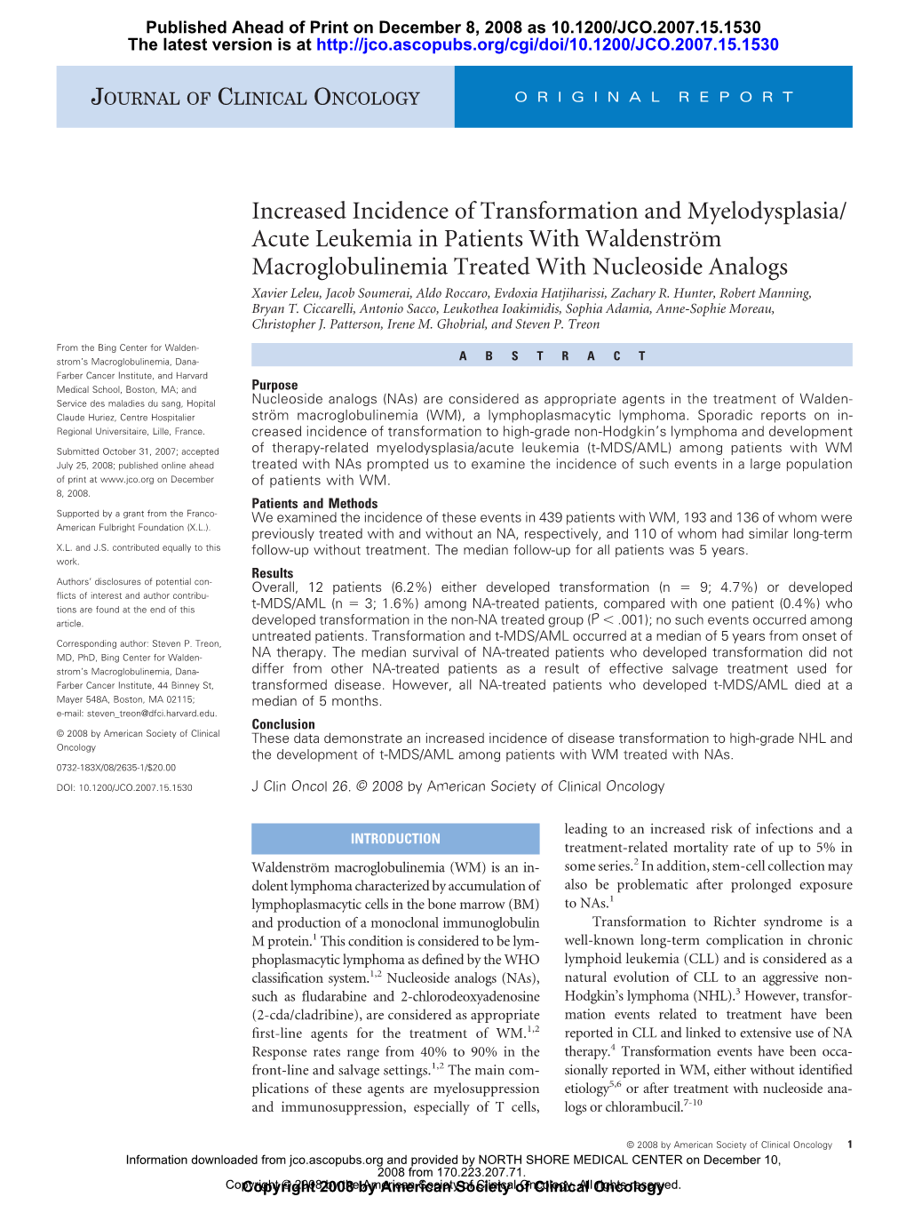 Increased Incidence of Transformation and Myelodysplasia/ Acute Leukemia in Patients with Waldenström Macroglobulinemia Treated