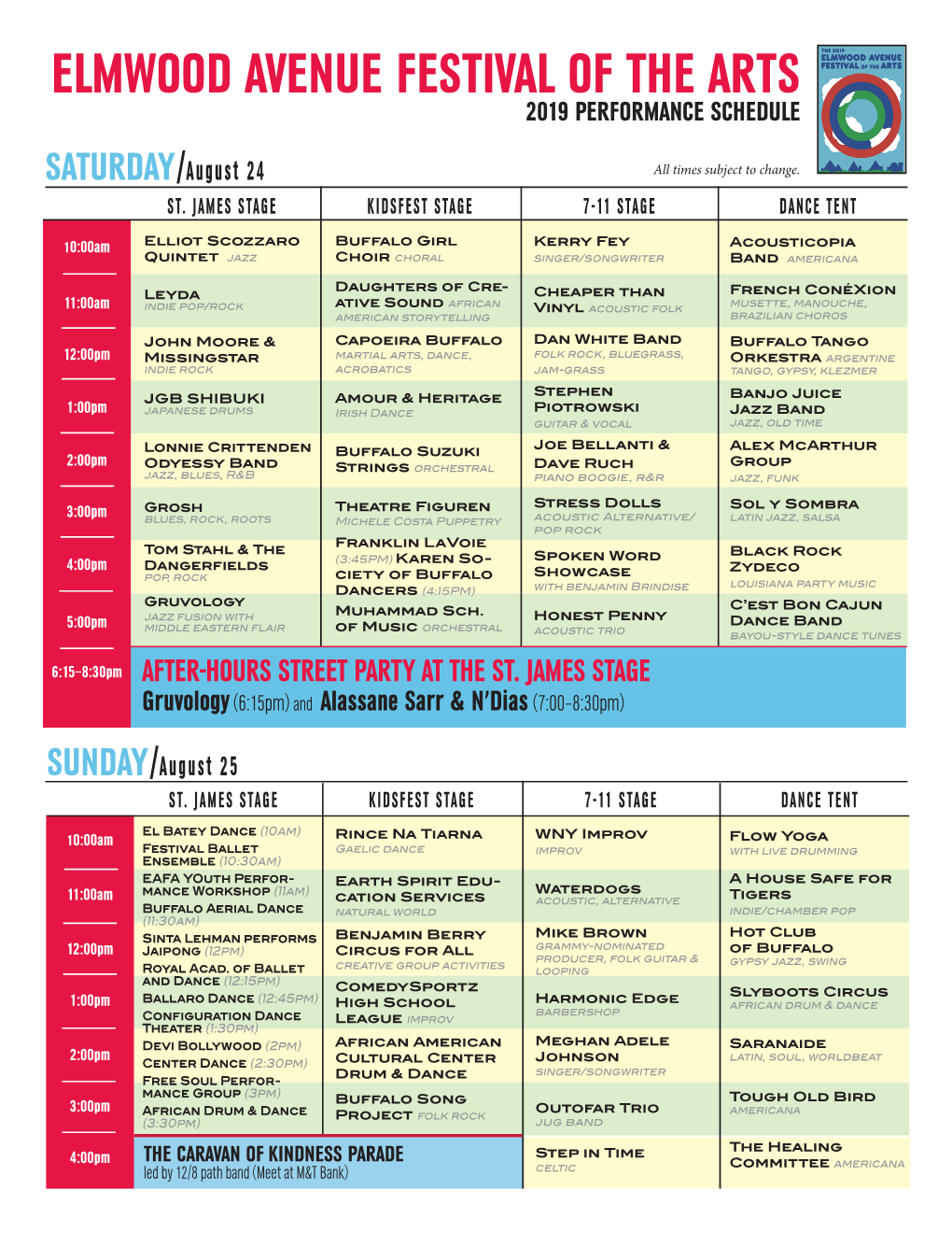 Elmwood Avenue Festival of the Arts 2019 Performance Schedule