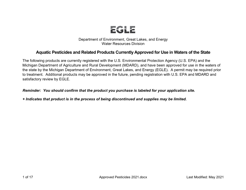 Aquatic Pesticides and Related Products Currently Approved for Use in Waters of the State