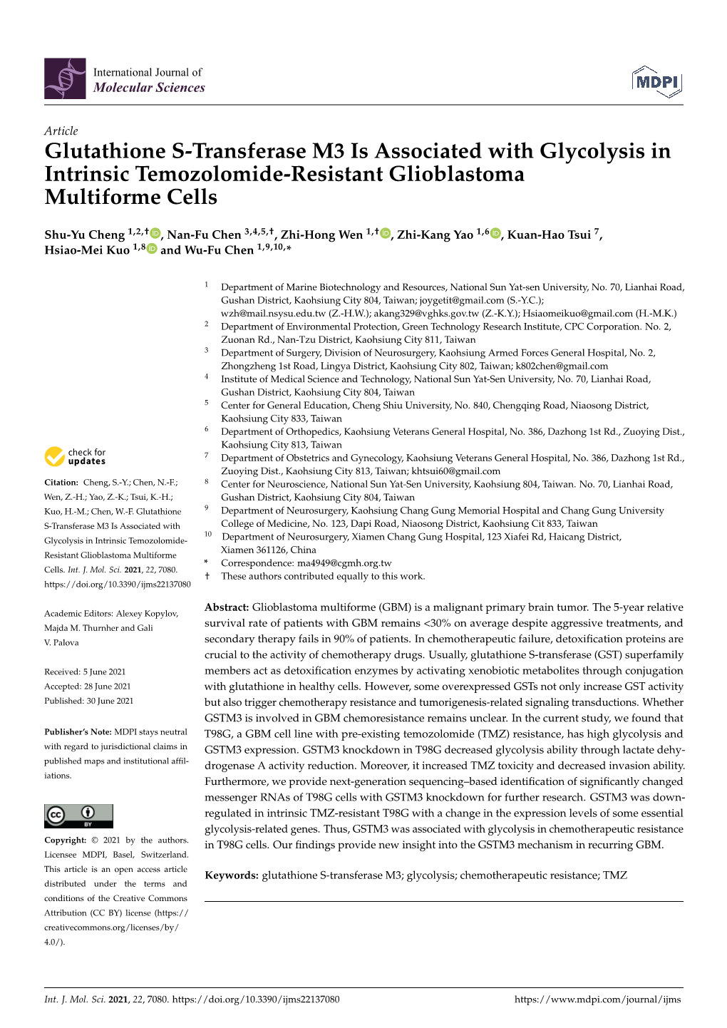 Glutathione S-Transferase M3 Is Associated with Glycolysis in Intrinsic Temozolomide-Resistant Glioblastomamultiforme Cells