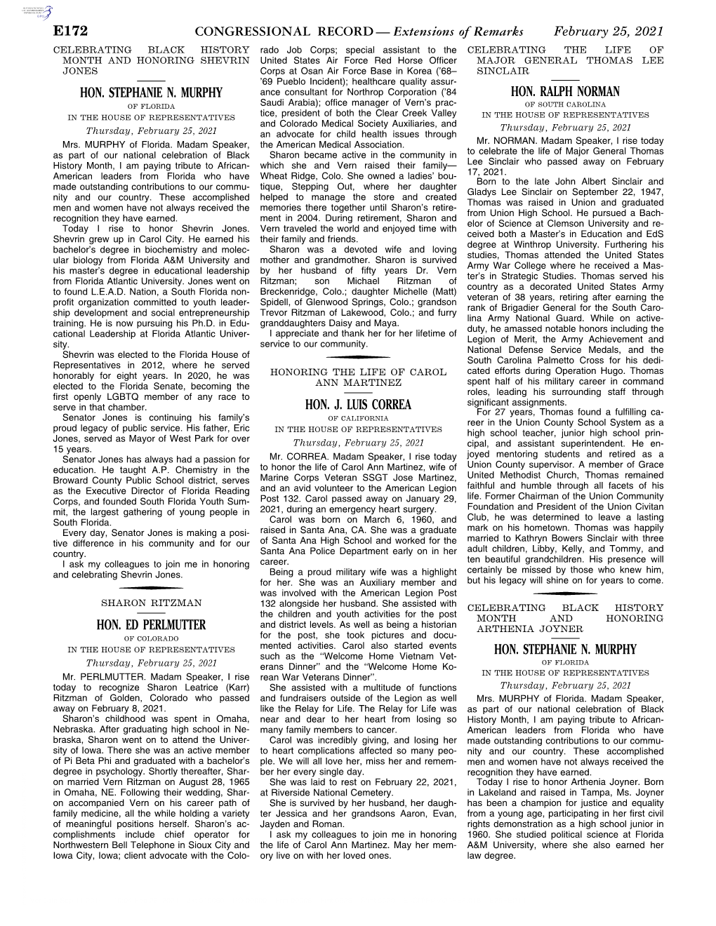 CONGRESSIONAL RECORD— Extensions of Remarks E172 HON. STEPHANIE N. MURPHY HON. ED PERLMUTTER HON. J. LUIS CORREA HON. RALPH NO