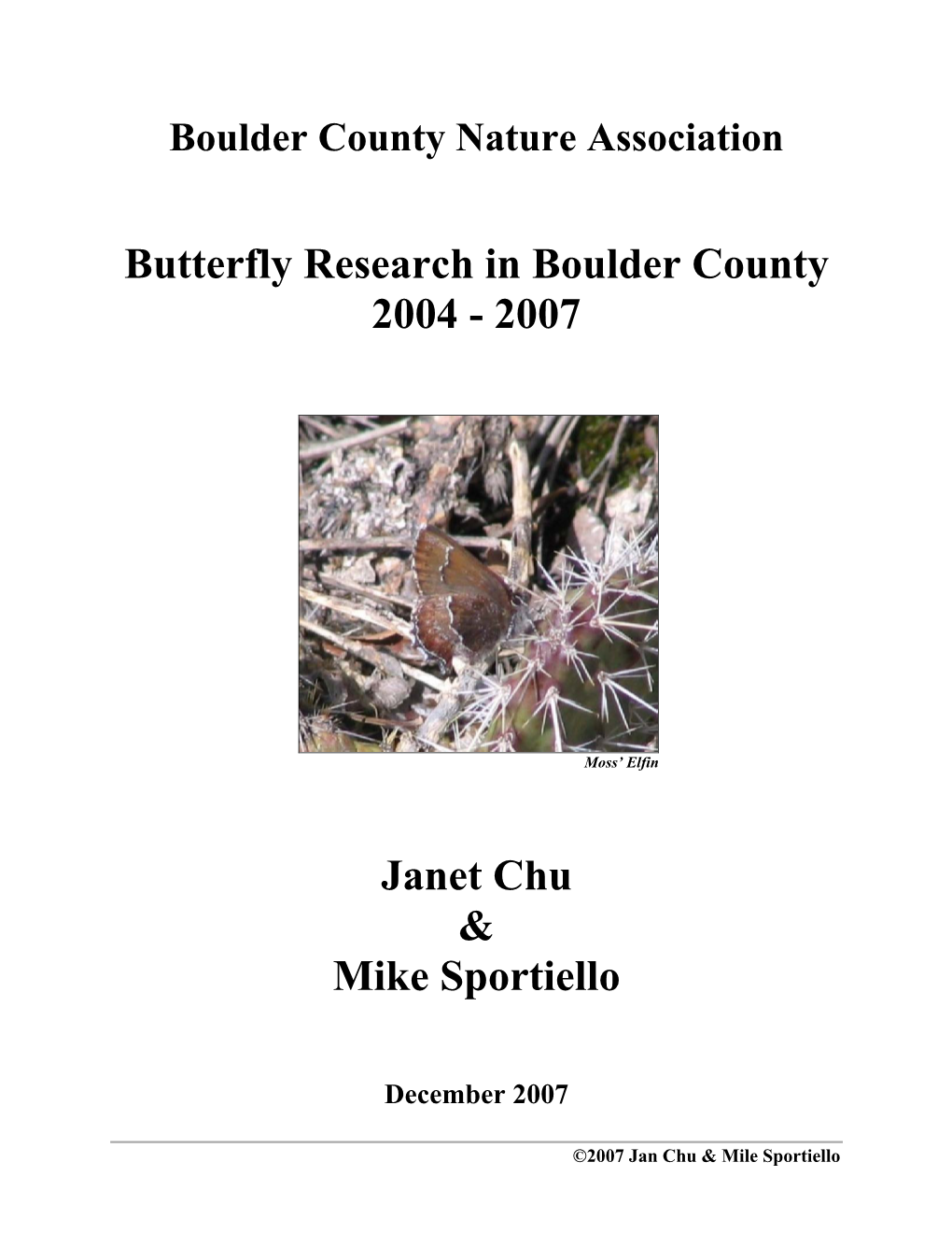 Butterfly Research in Boulder County 2004 - 2007