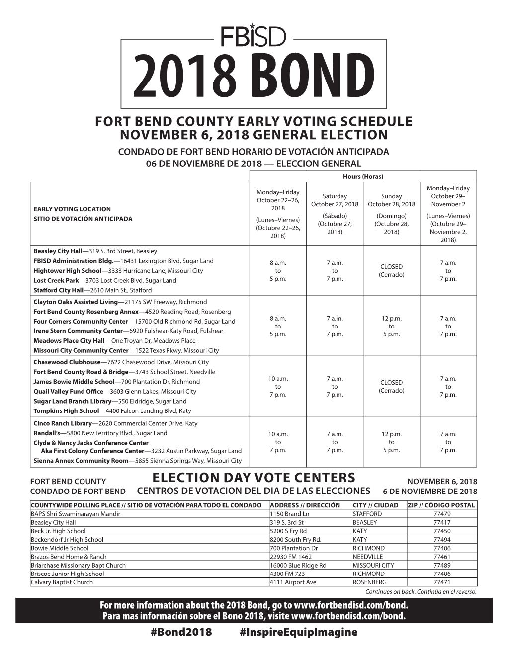 Fort Bend County Early Voting Schedule November 6, 2018 General Election
