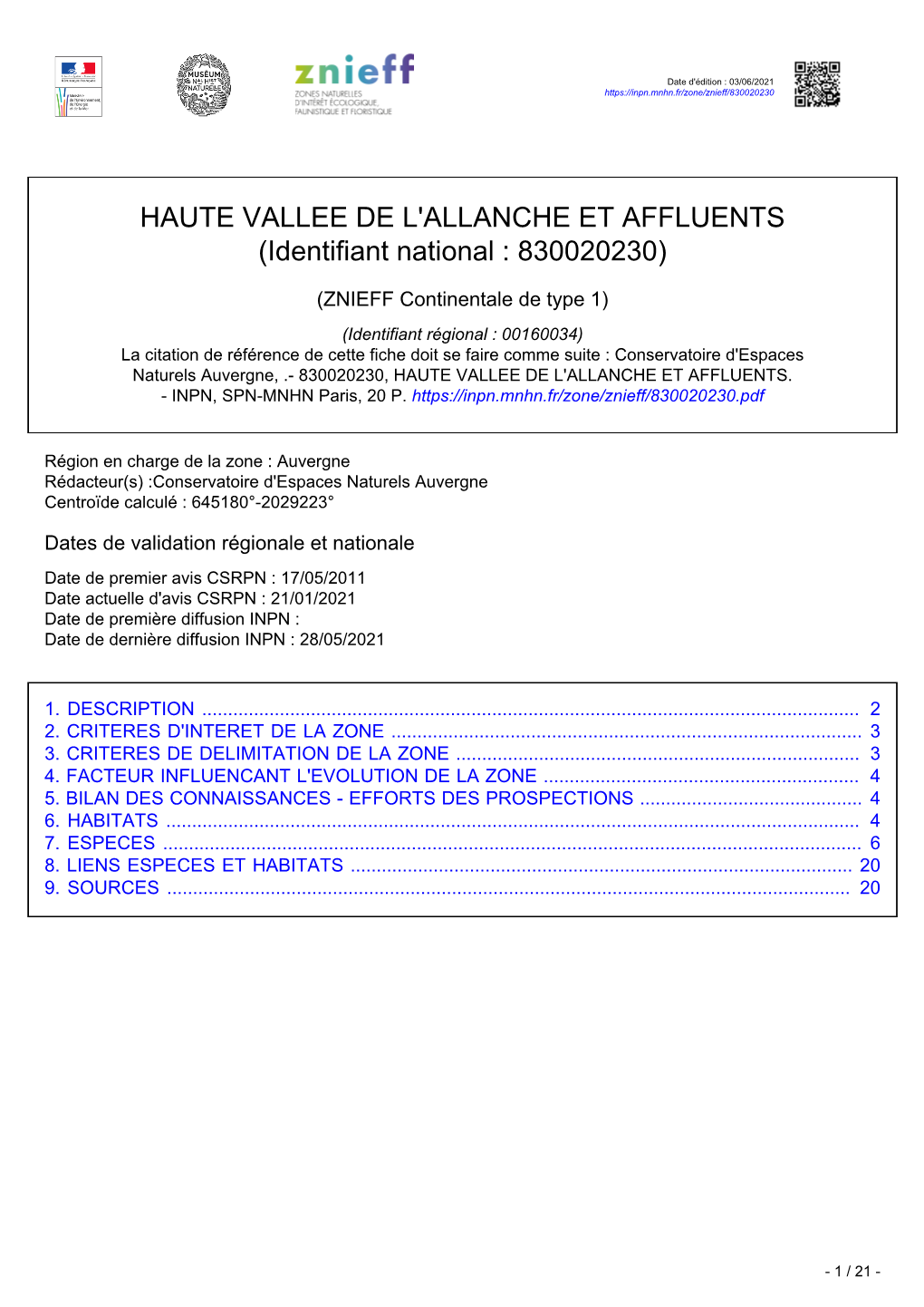 HAUTE VALLEE DE L'allanche ET AFFLUENTS (Identifiant National : 830020230)