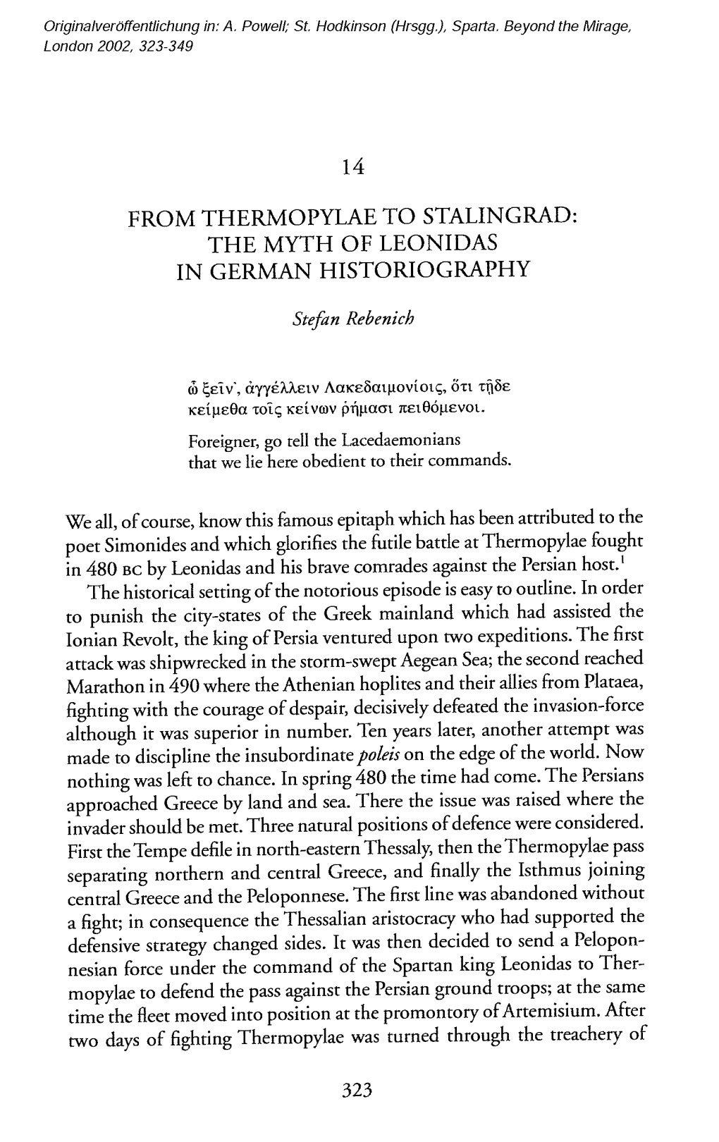 From Thermopylae to Stalingrad: the Myth of Leonidas in German Historiography