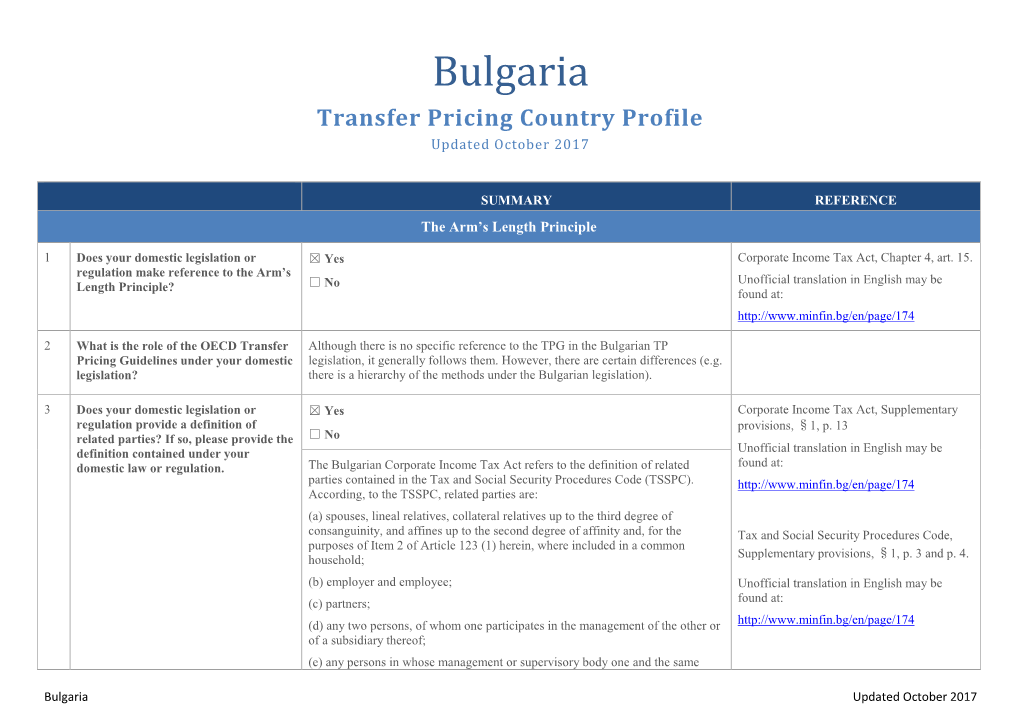 Bulgaria Transfer Pricing Country Profile Updated October 2017